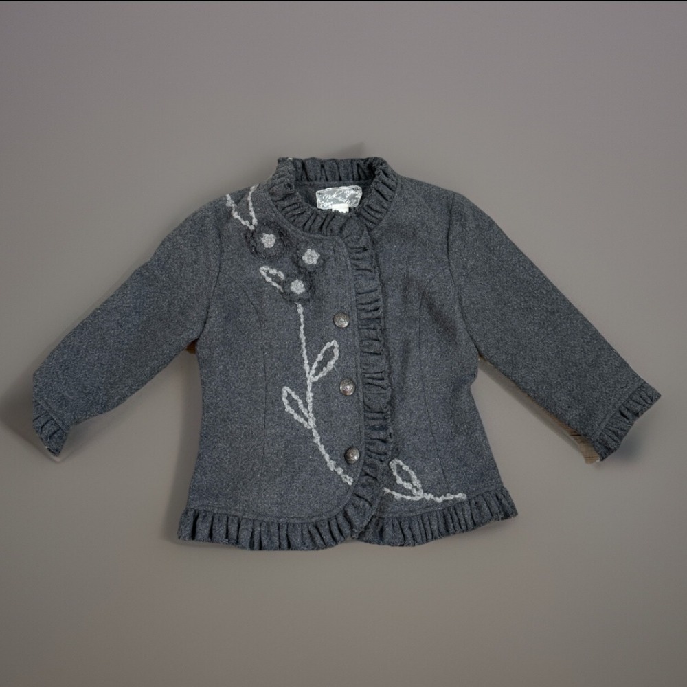 Vtg My‎ Best Me Gray Wool Blend Jacket Ruffle Trim Floral Applique Medium